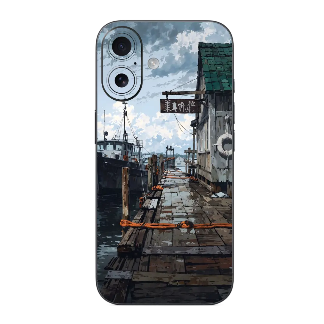 Ship Dock Mobile Skin Wrap with a dock scene design on a white background