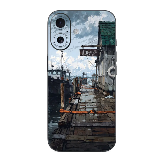 Ship Dock Mobile Skin Wrap with a dock scene design on a white background