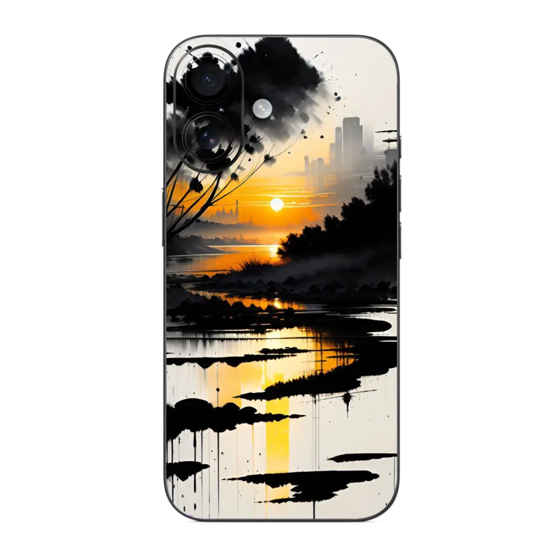 Sunset Mobile Skin Wrap with sunset over water and cityscape design on a white background