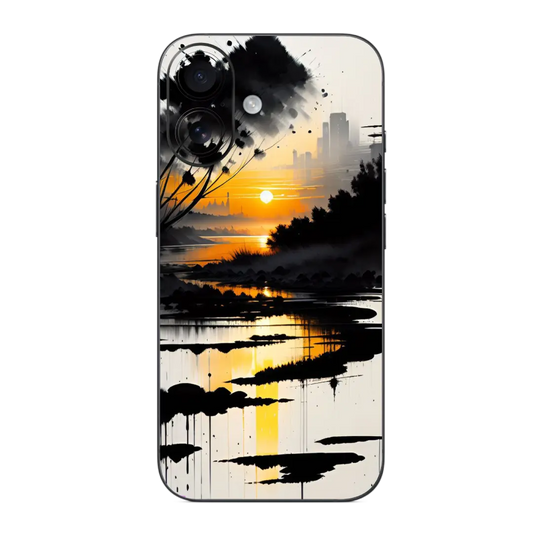 Sunset Mobile Skin Wrap with sunset over water and cityscape design on a white background