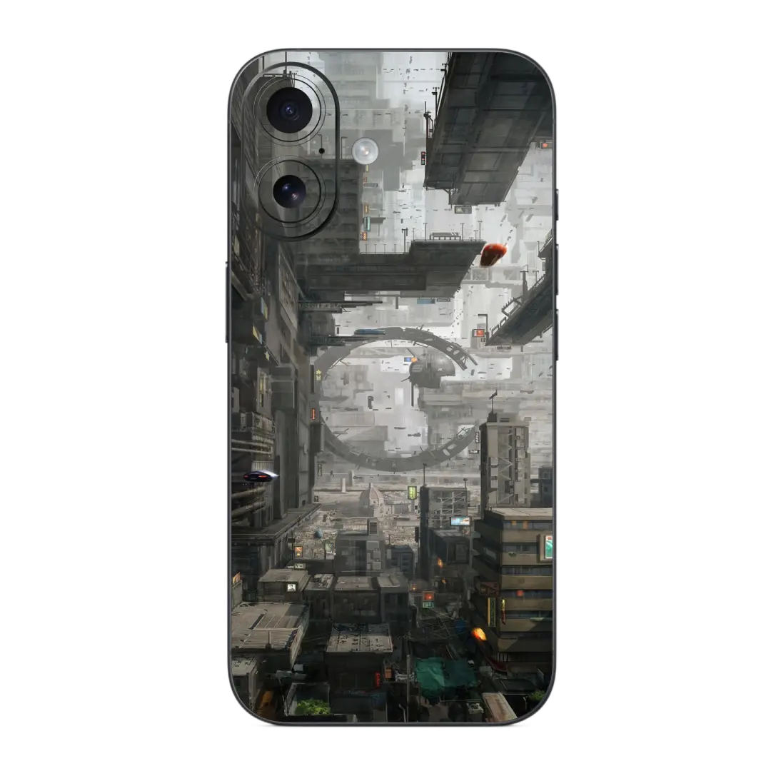 Mobile Skin Wrap with a futuristic cityscape design on a white background