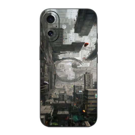 Mobile Skin Wrap with a futuristic cityscape design on a white background