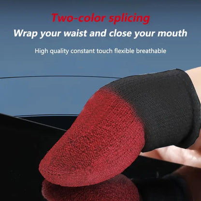 Red and black textured thumb sleeve being held with text about two-color splicing and features.