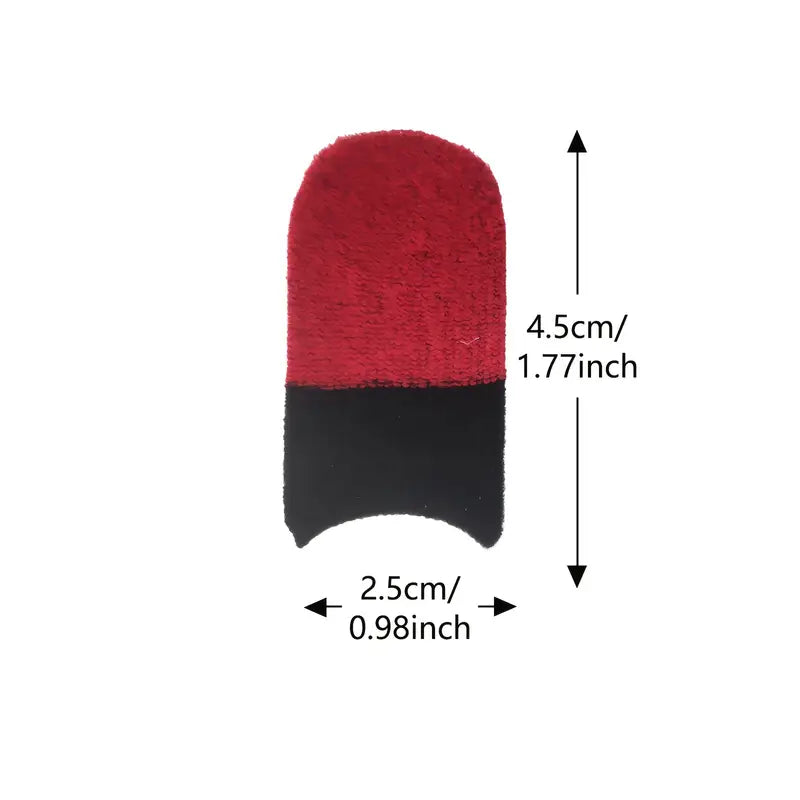 Red and black Thumb Sleeve with measurements on a white background