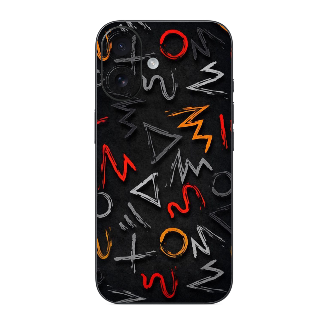 A mobile phone Skin Wrap with a geometric pattern featuring various letters and symbols in red and black colors.