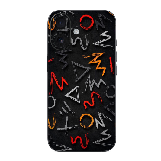 A mobile phone Skin Wrap with a geometric pattern featuring various letters and symbols in red and black colors.