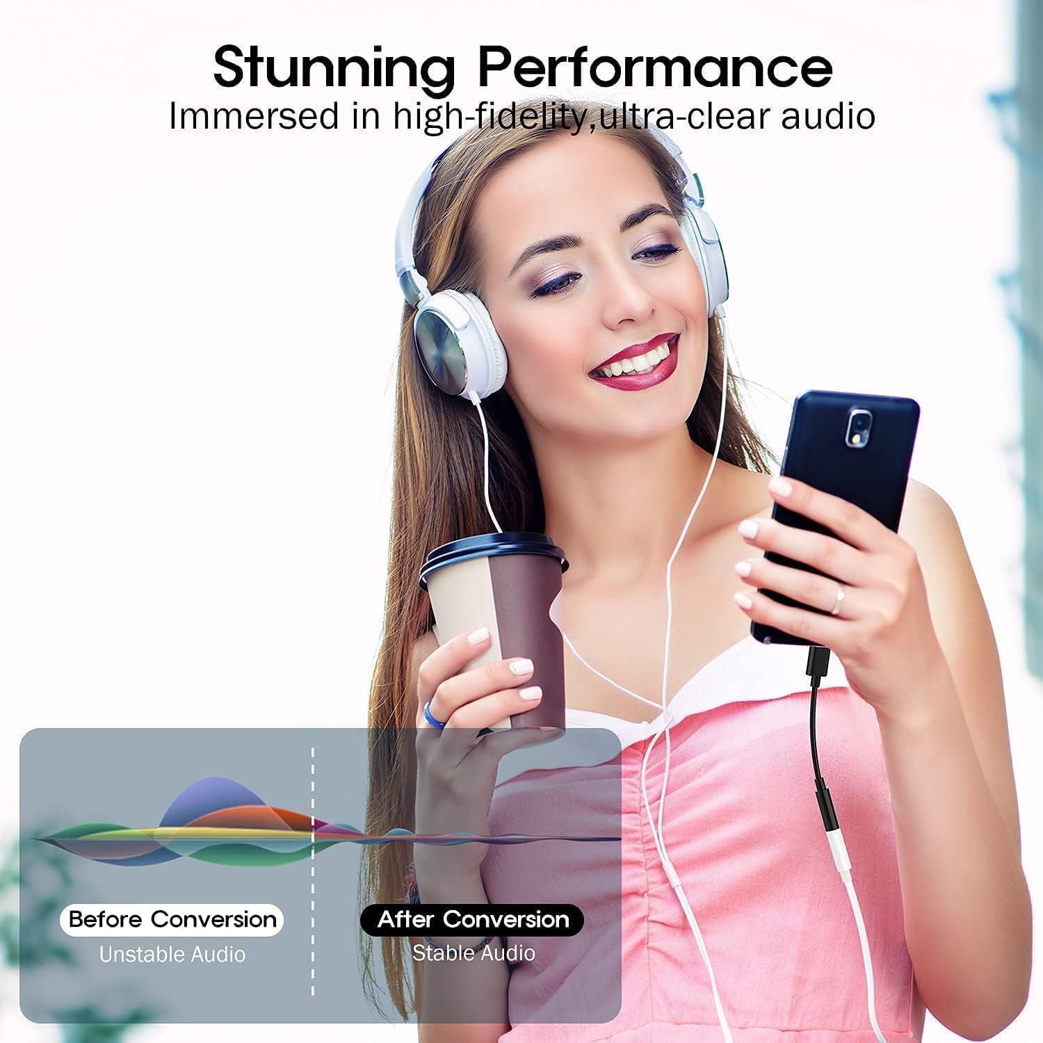 Woman wearing headphones and holding a phone with text about high-fidelity audio.