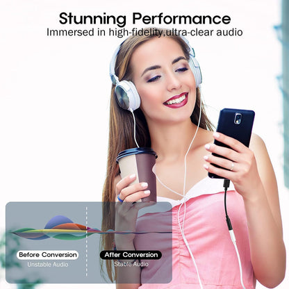 Woman wearing headphones and holding a phone with text about high-fidelity audio.