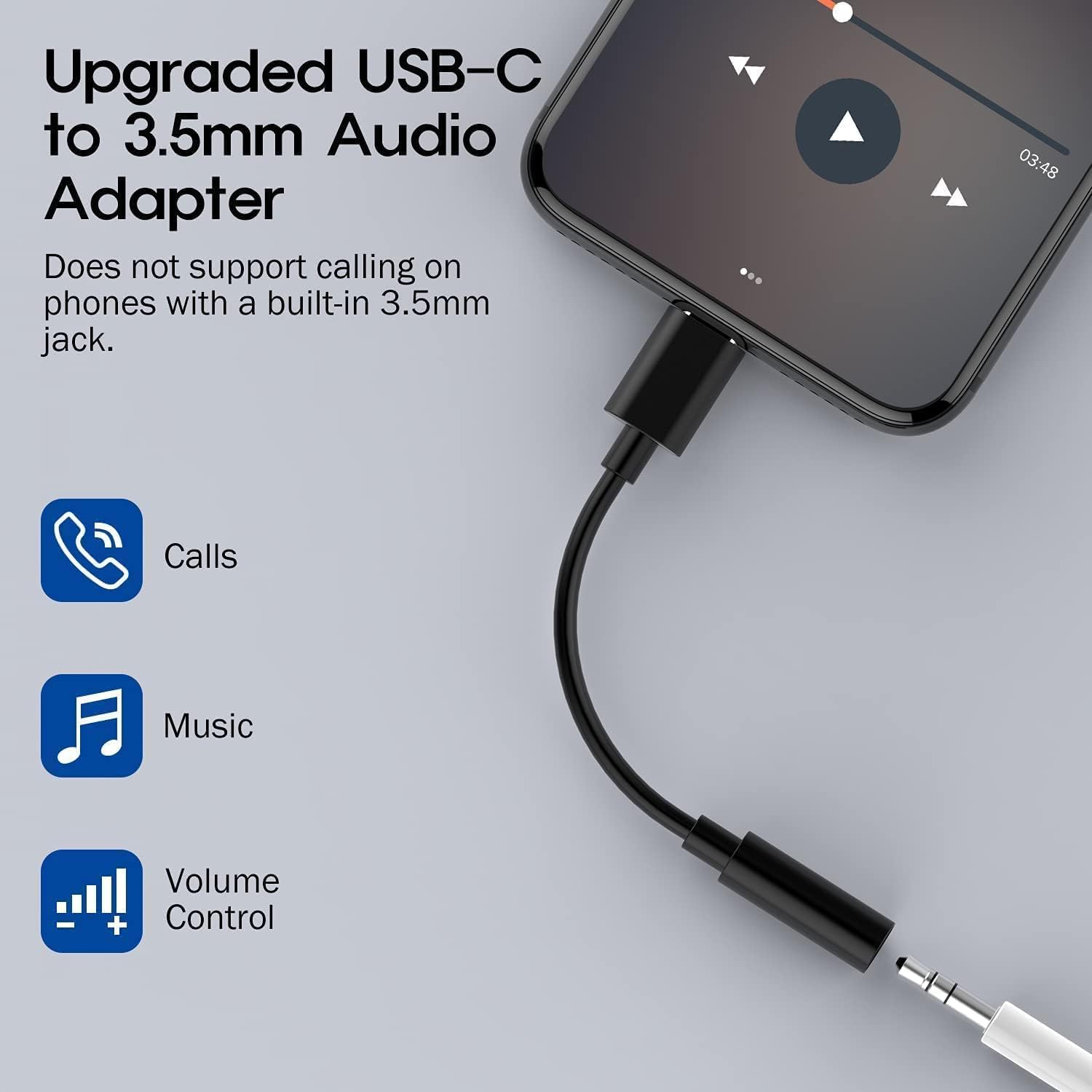 USB-C to 3.5mm audio adapter with smartphone and text on a gray background