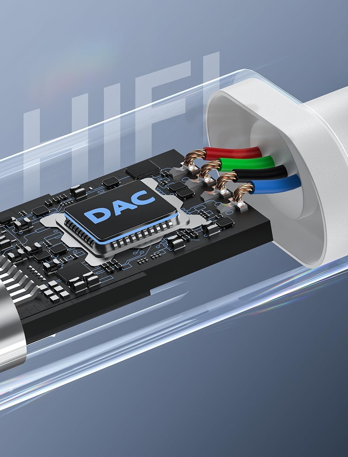 Close-up of a DAC (Digital to Analog Converter) module with colored wires on a blue background