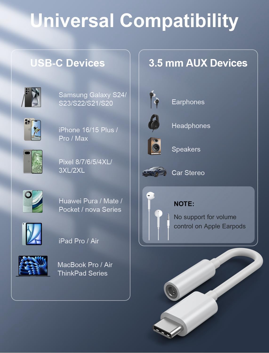 USB-C to 3.5 mm AUX adapter with compatibility chart on a blue background