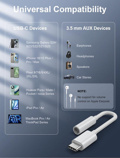 USB-C to 3.5 mm AUX adapter with compatibility chart on a blue background
