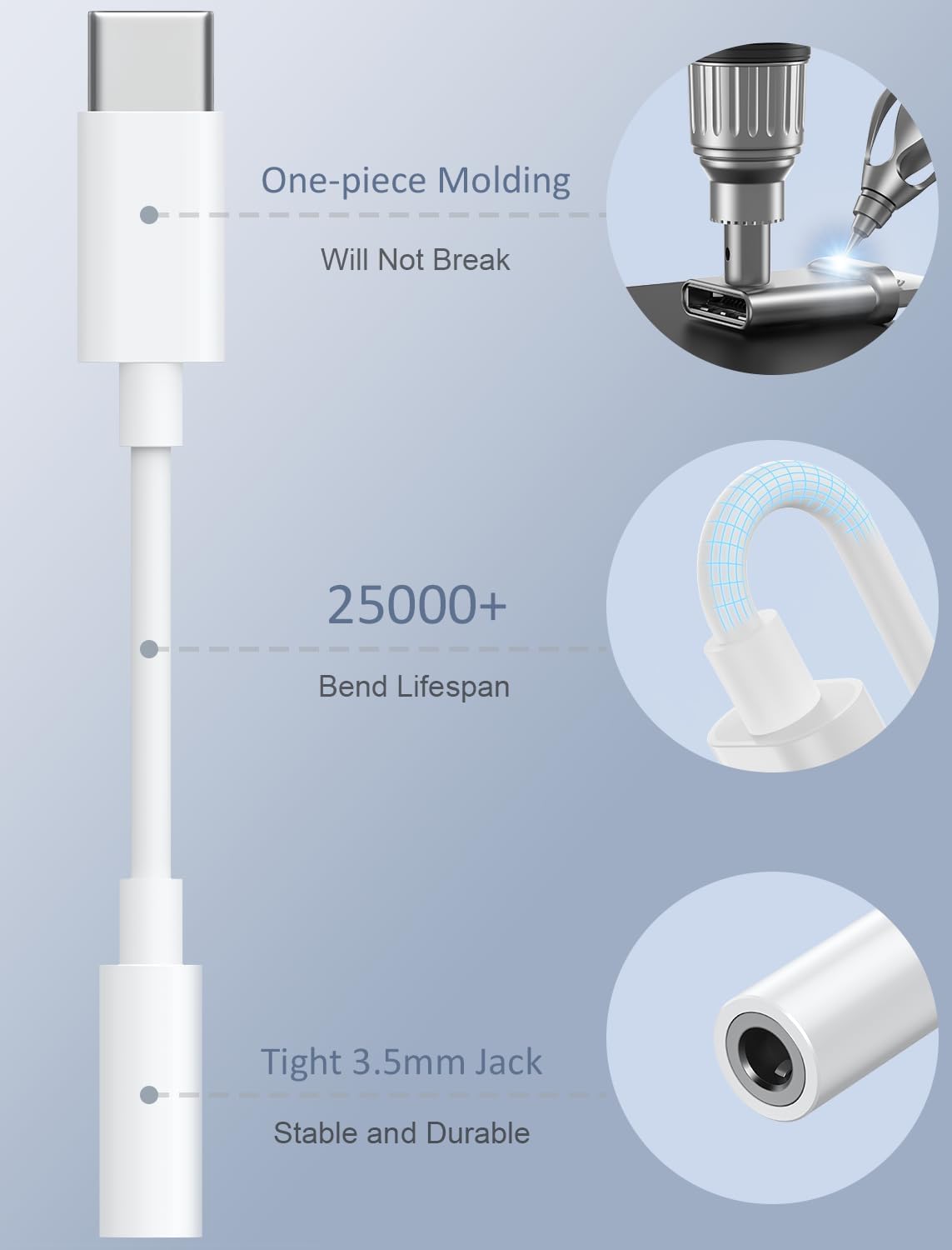 White audio adapter with features highlighted on a light blue background
