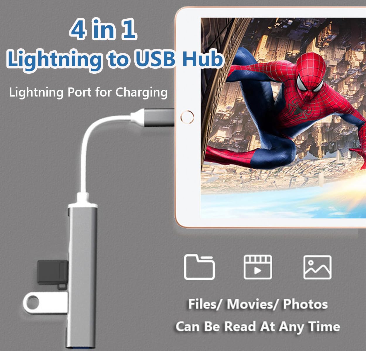 4-in-1 Lightning to USB hub with Spider-Man image on screen