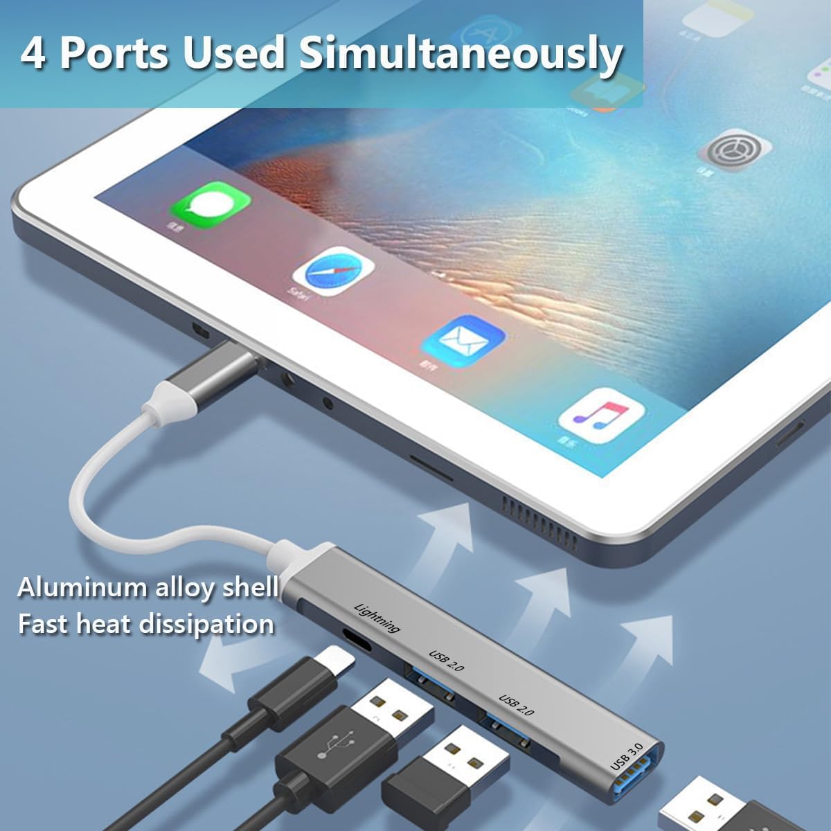 USB hub connected to a smartphone with app icons displayed on the screen, on a blue background.