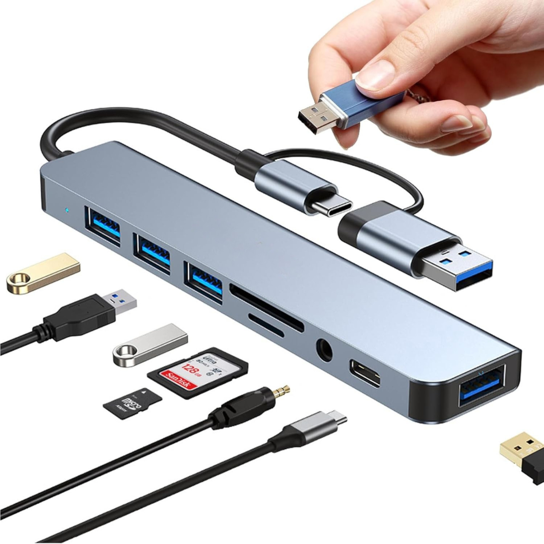 USB hub with multiple ports and cables on a white background