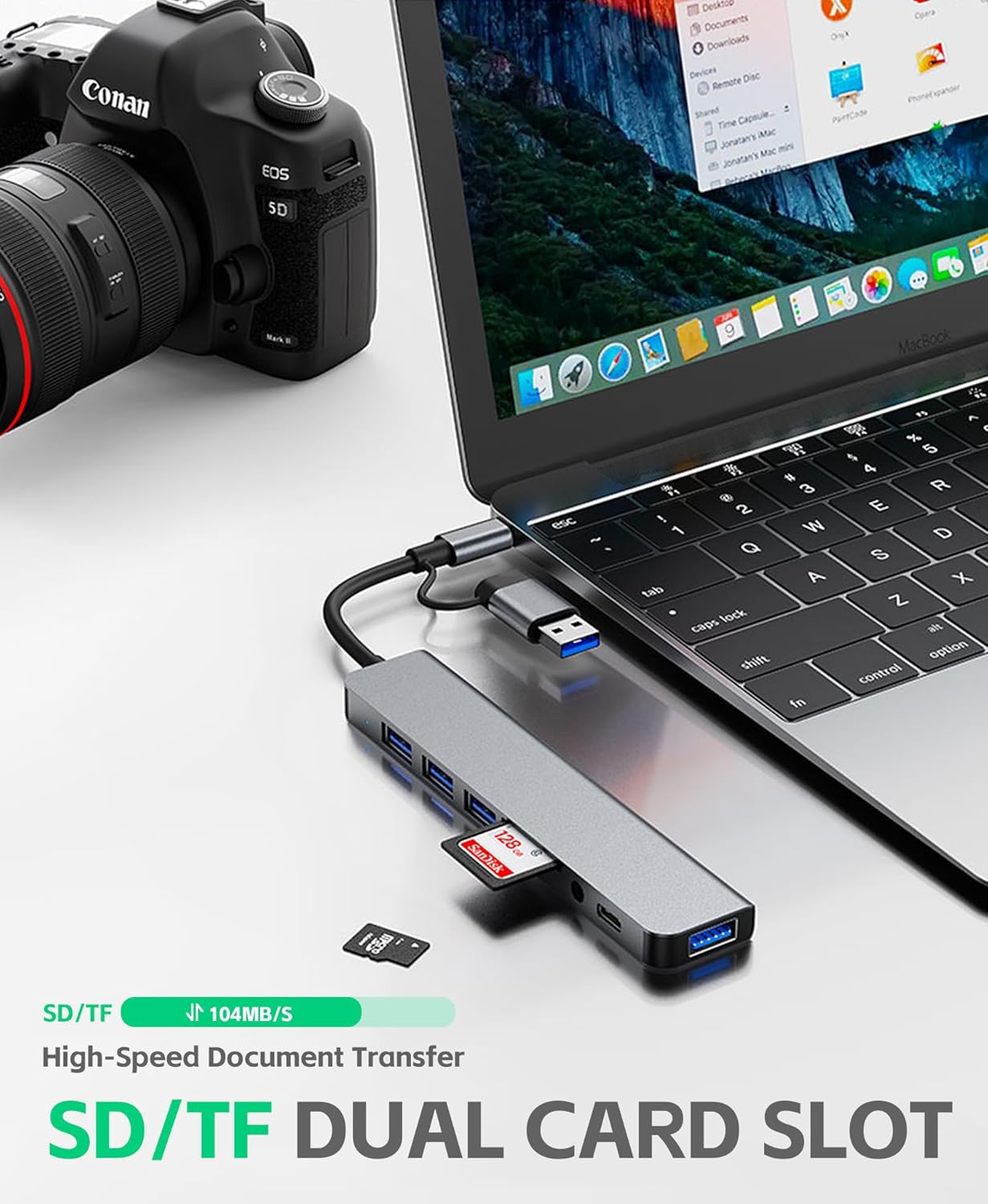 USB hub connected to a laptop and camera with 'SD/TF Dual Card Slot' text.