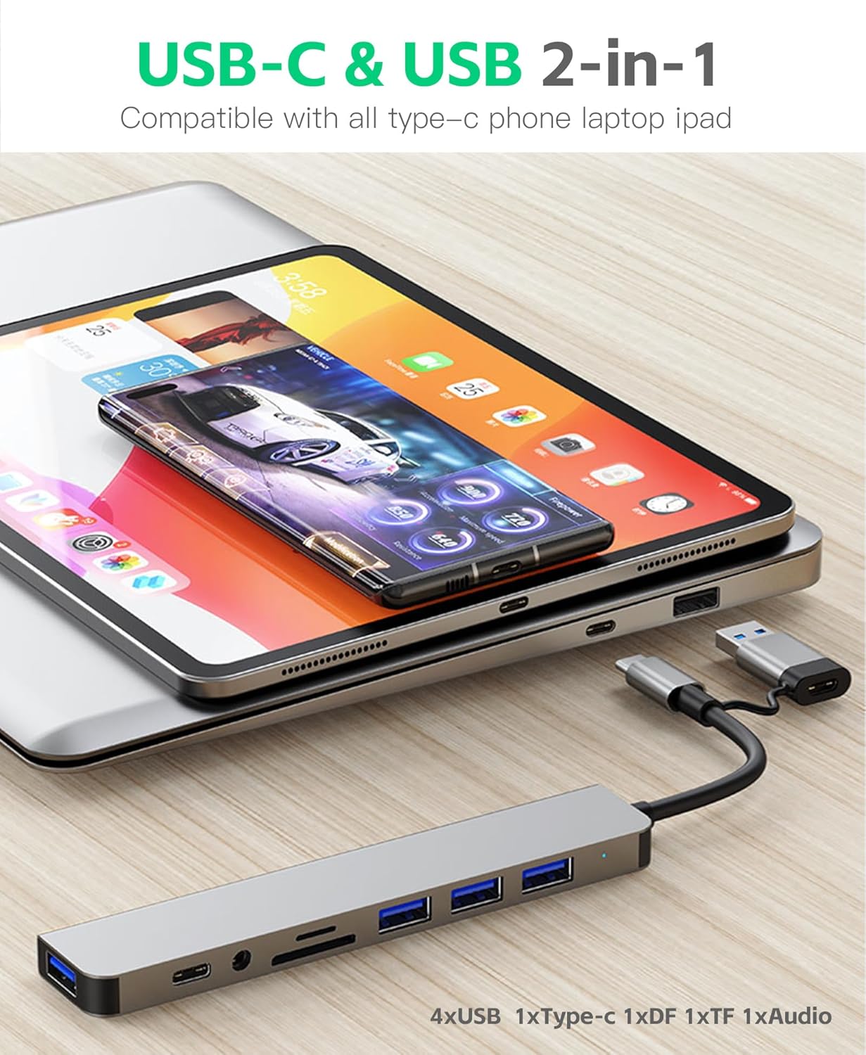 USB-C and USB 2-in-1 adapter with smartphone and tablet on a wooden surface