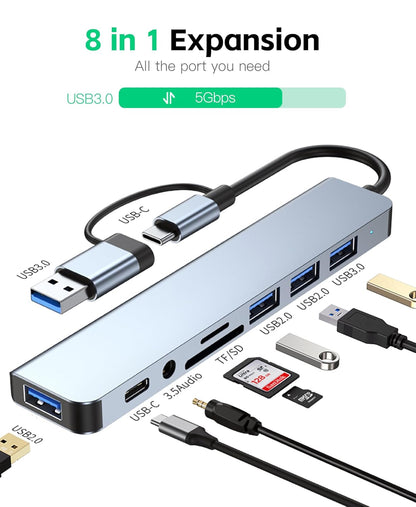 8-in-1 expansion hub with multiple ports and cables on a white background