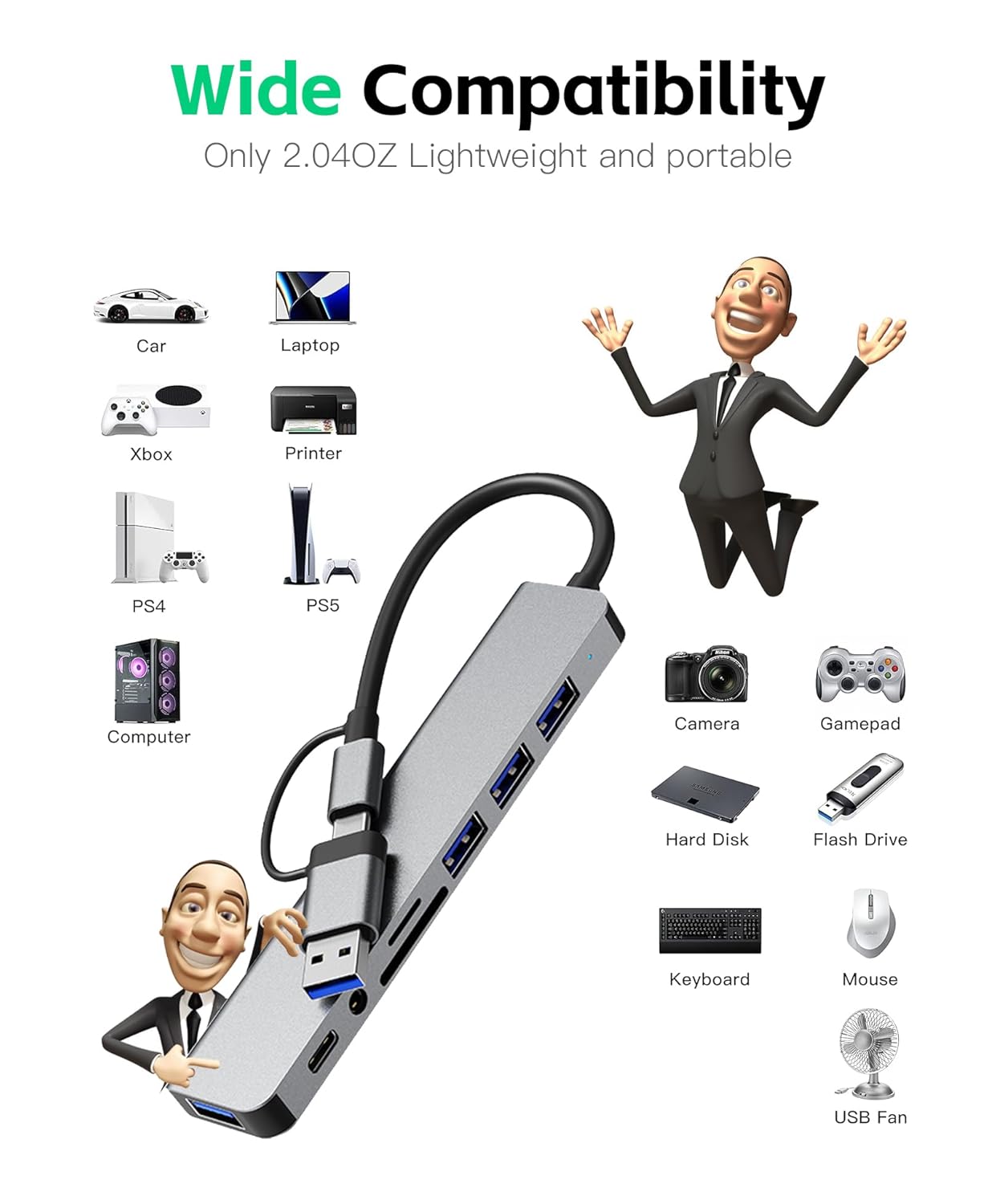 USB hub with compatibility icons on a white background