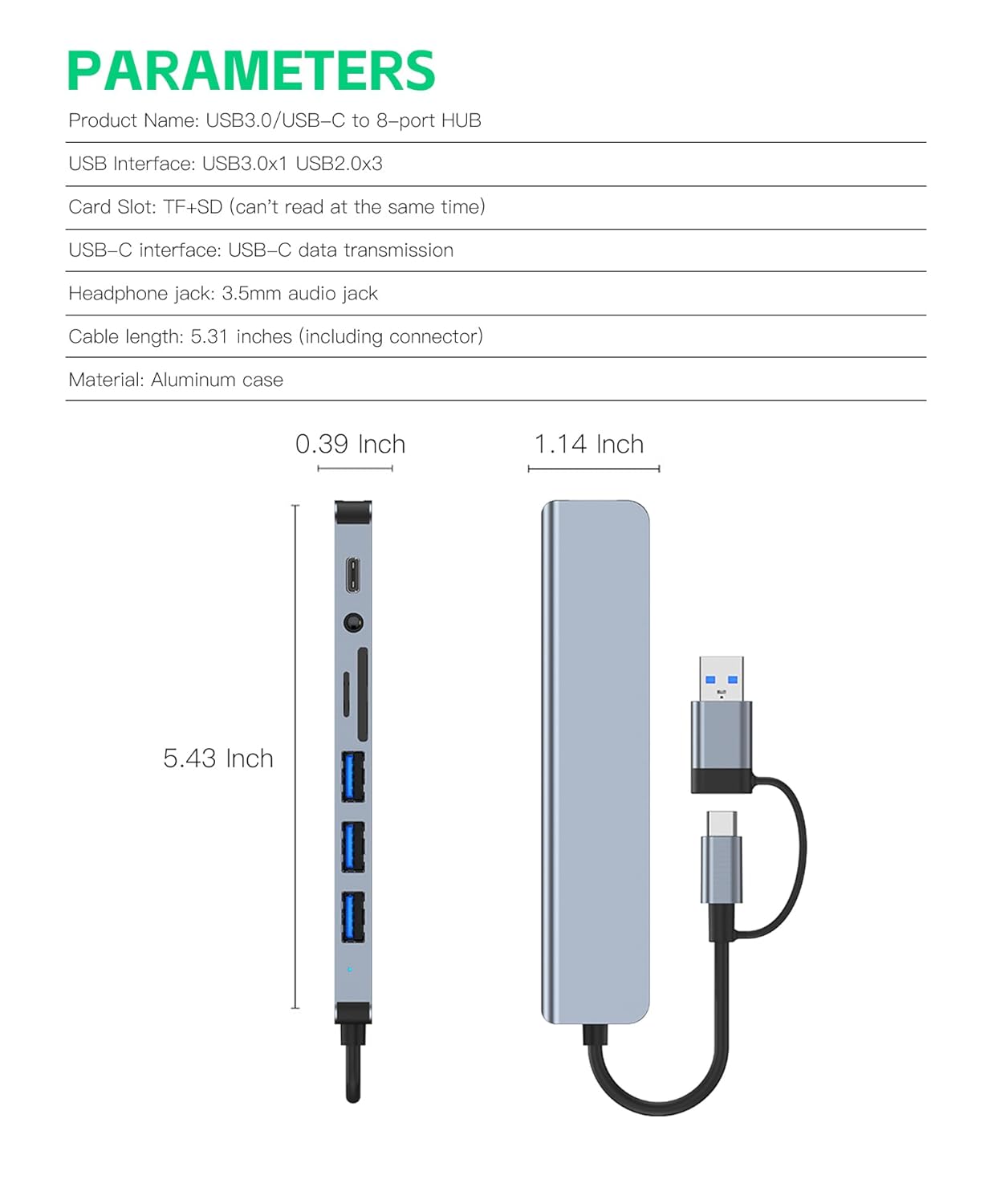 USB3.0/USB-C to 8-port HUB with specifications and dimensions on a white background