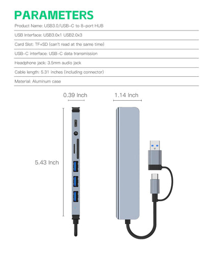 USB3.0/USB-C to 8-port HUB with specifications and dimensions on a white background