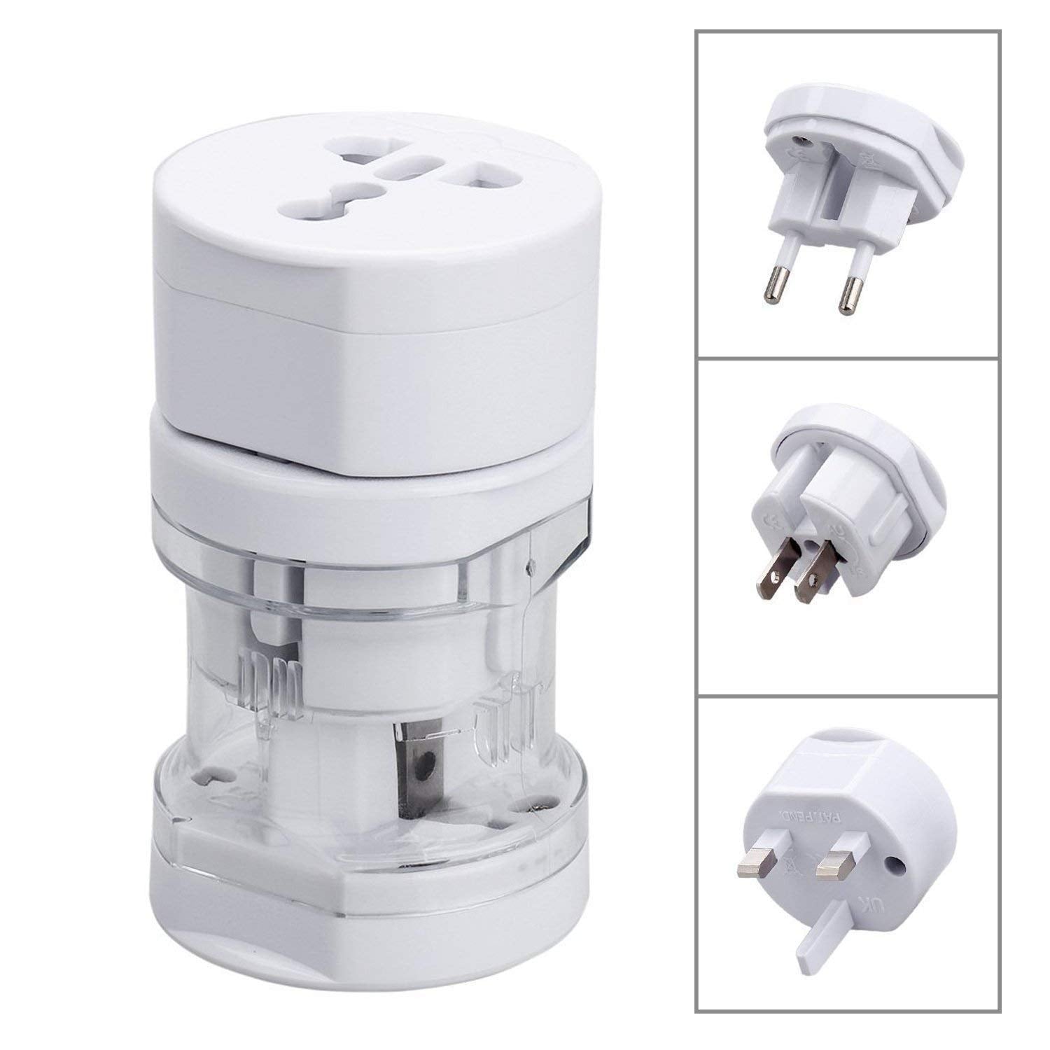 White multiplug adapter with different plug configurations on a white background