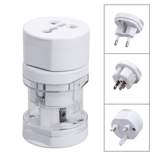 White multiplug adapter with different plug configurations on a white background