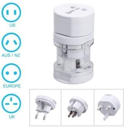 Universal travel adapter with socket types for US, AUS/NZ, Europe, and UK on a white background.