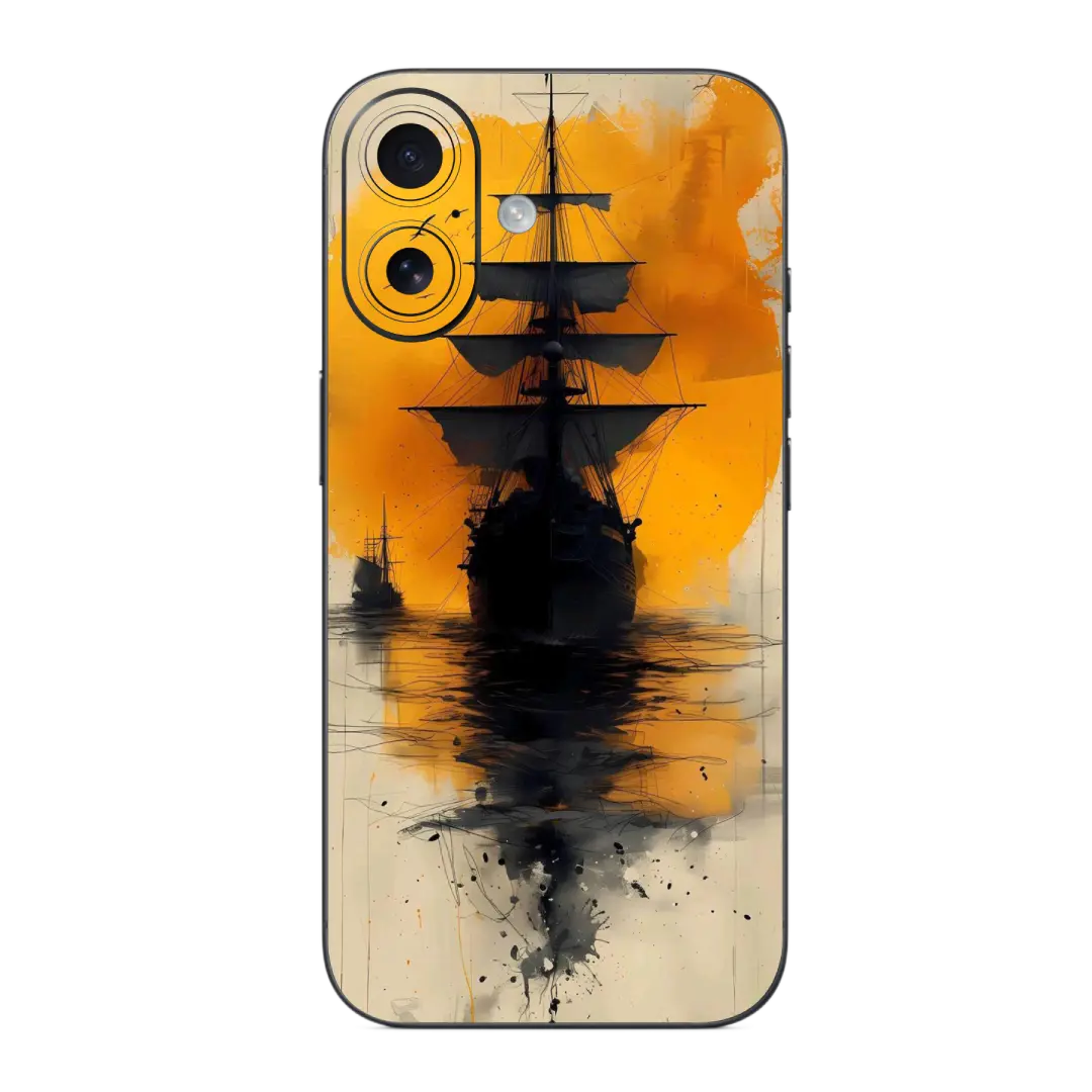 Voyage Mobile Skin Wrap with a ship design on an orange and black background