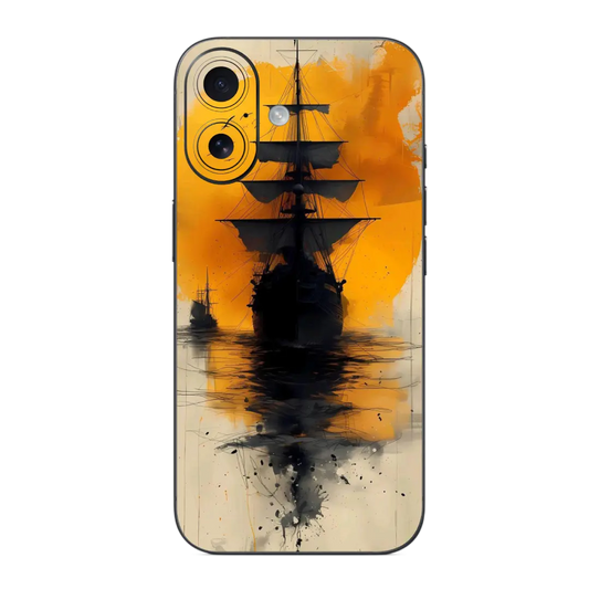 Voyage Mobile Skin Wrap with a ship design on an orange and black background
