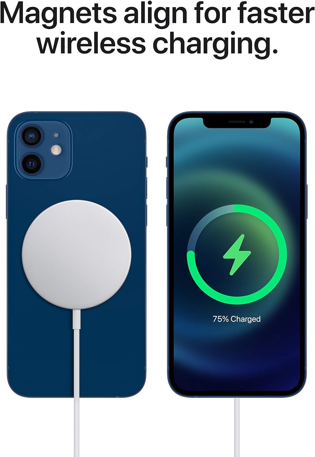 Blue phone case with magnetic charging cable and smartphone showing charging progress.