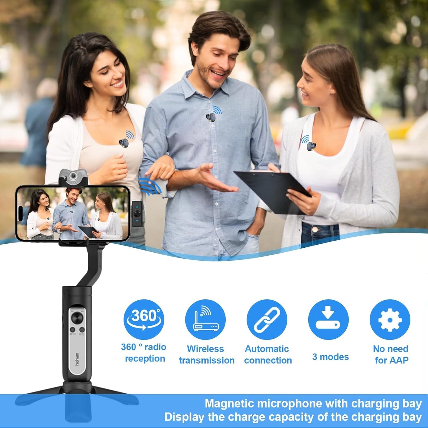 Magnetic microphone with charging bay displayed in front of a group of people outdoors.