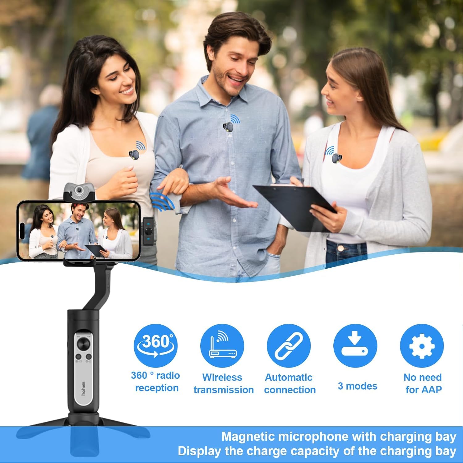 Magnetic microphone with charging bay displayed in front of a group of people outdoors.
