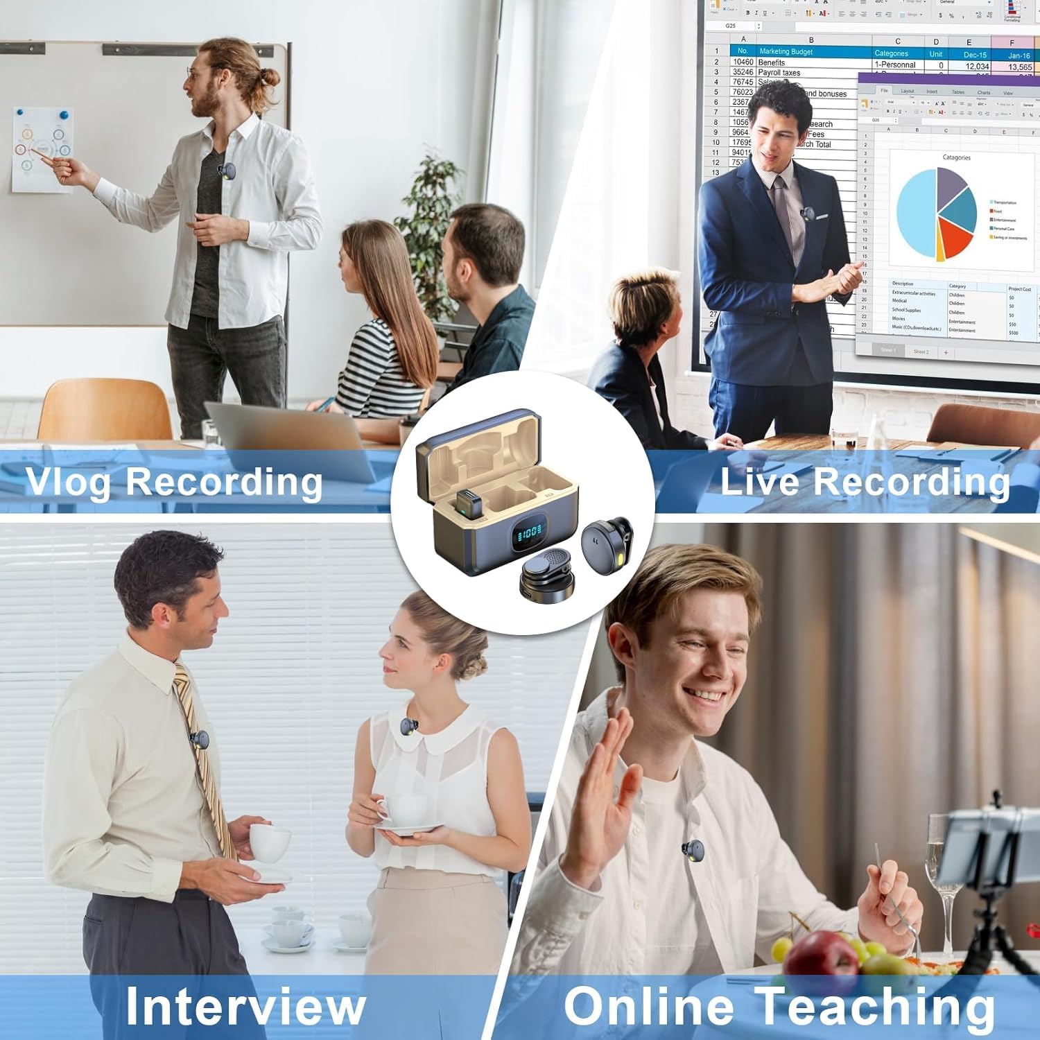 Collage of people in various settings with a focus on recording equipment.