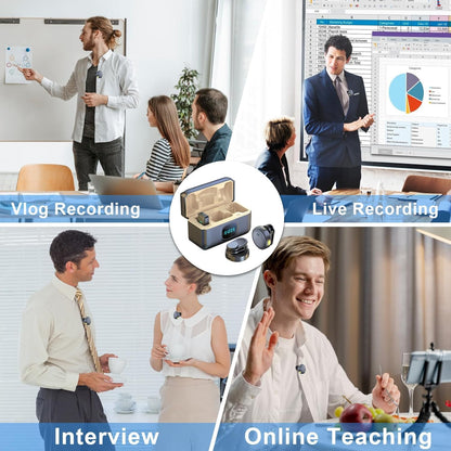 Collage of people in various settings with a focus on recording equipment.